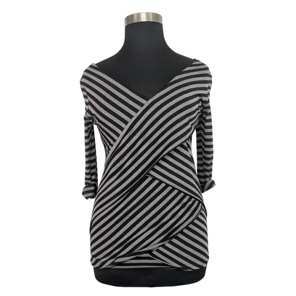 Verve Ami L Gray Black Striped Bandage Top Y2K Art To Wear Career Office Evening
